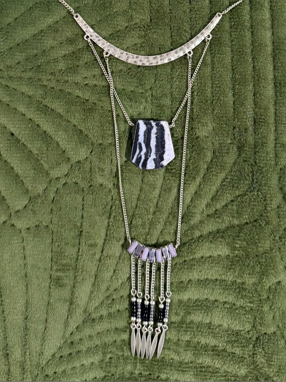 Gold Tone Layered Necklace w/ Black & White Zebra Pendant & Lavender Accents